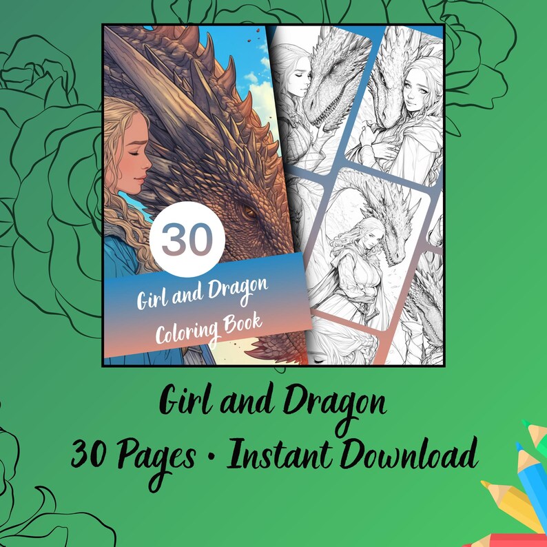 Puede incluir: Portada de un "Girl and Dragon Coloring Book" con una mujer rubia y la cabeza de un drag&oacute;n. La portada tiene un degradado azul y naranja. El libro est&aacute; etiquetado como "30 p&aacute;ginas &bull; Descarga instant&aacute;nea". El fondo es verde.