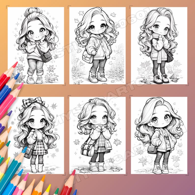 Autumn Chibi Girl Coloring Book – 30 Page Grayscale Illustrations ...