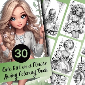 Livro de colorir Menina no Balanço de Flores para Adultos e Adolescentes, 30 Páginas para Colorir em Tons de Cinza, PDF para Imprimir e Baixar Agora