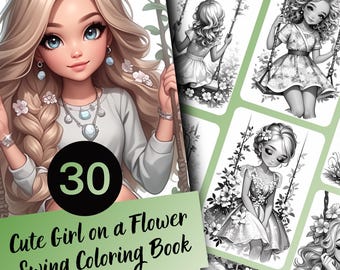 Libro para colorear de una niña en un columpio de flores - 30 páginas en escala de grises (PDF imprimible)