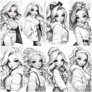 May include: A digital coloring page featuring eight different illustrations of girls with long, flowing hair. Each girl is wearing a different winter outfit, including a jacket, scarf, and hat. The illustrations are in black and white, ready to be colored.