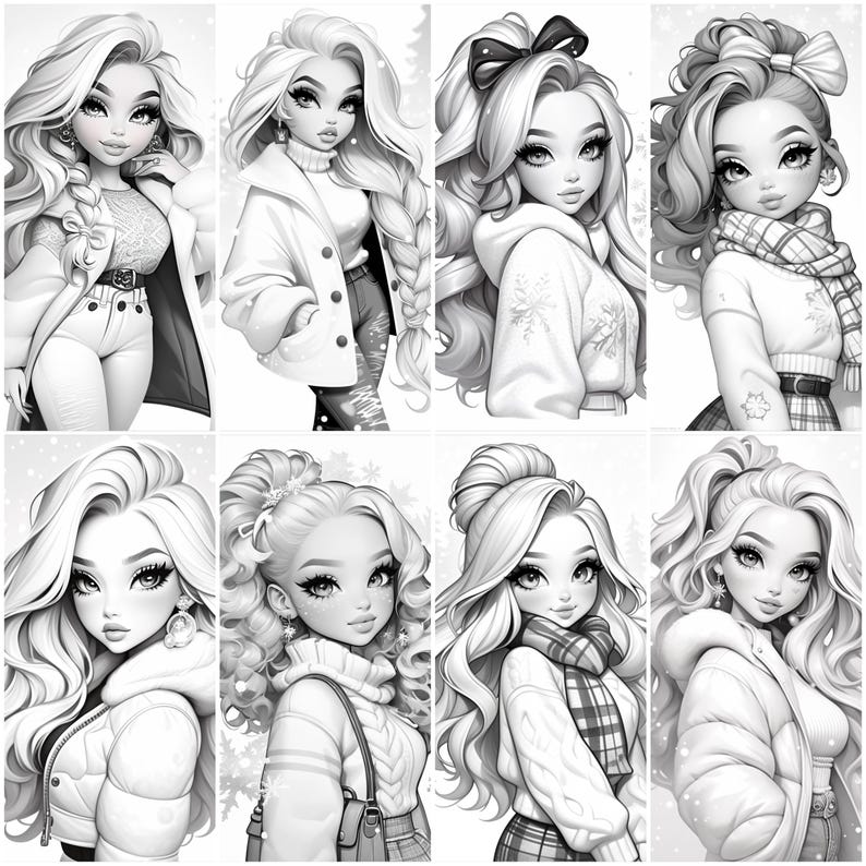 May include: A digital coloring page featuring eight different illustrations of girls with long, flowing hair. Each girl is wearing a different winter outfit, including a jacket, scarf, and hat. The illustrations are in black and white, ready to be colored.