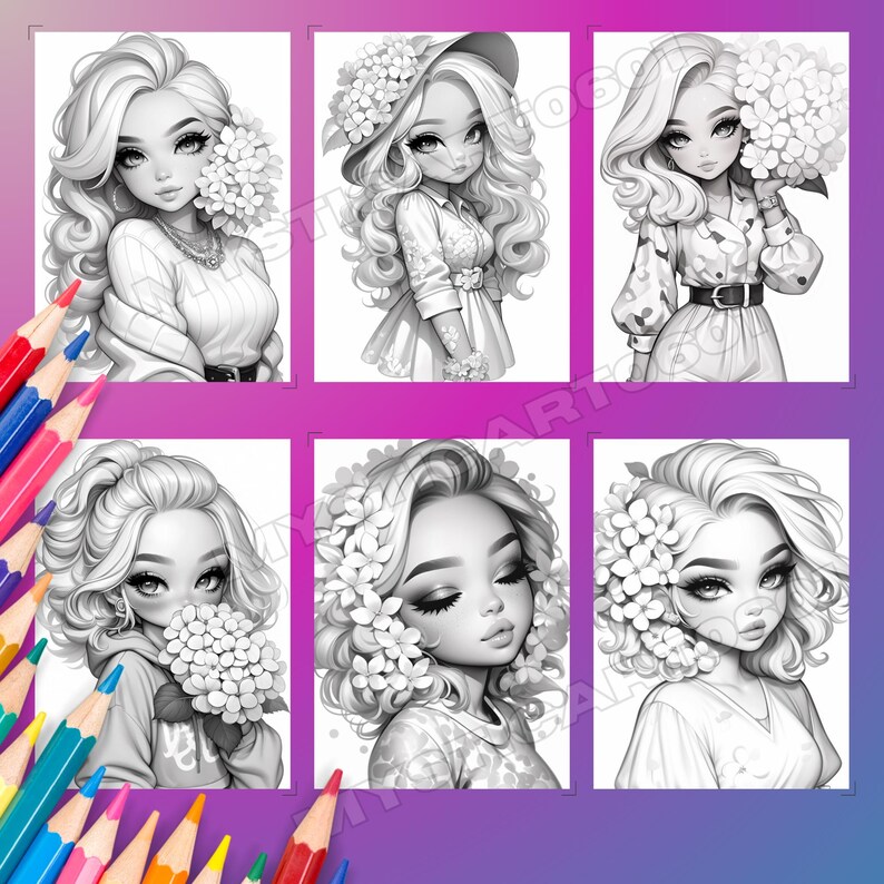 Hydrangea Girl Grayscale Coloring Book – 30 Page Printable (PDF) - Etsy