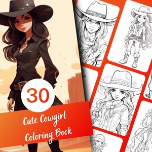 Cute Cowgirl Coloring Book, 30 Pages Coloring Book Featuring Cute Cowgirl Girls for Kids and Adults, Instant Download, Printable PDF