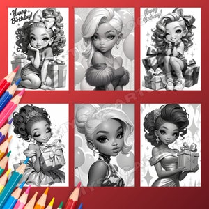 Cute Girl's Birthday Coloring Book - 30 Page Grayscale Coloring Book for Kids and Adults, Instant Download, Printable PDF