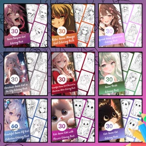 anime coloring book mega bundle overview showing multiple anime girl and chibi coloring books included, digital anime coloring bundle with cats, fantasy and seasonal themes