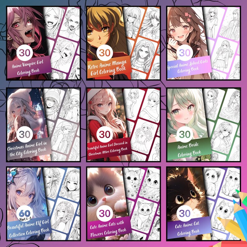 anime coloring book mega bundle overview showing multiple anime girl and chibi coloring books included, digital anime coloring bundle with cats, fantasy and seasonal themes