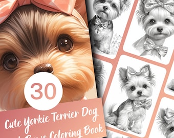 Dibujos para colorear de perros para adultos, libro para colorear de Yorkshire Terrier en escala de grises, 30 páginas, PDF imprimible