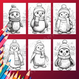 Cute Christmas Penguin Coloring Book, Coloring Featuring Adorable Penguins in Winter Attire for Kids & Adults, Printable PDF