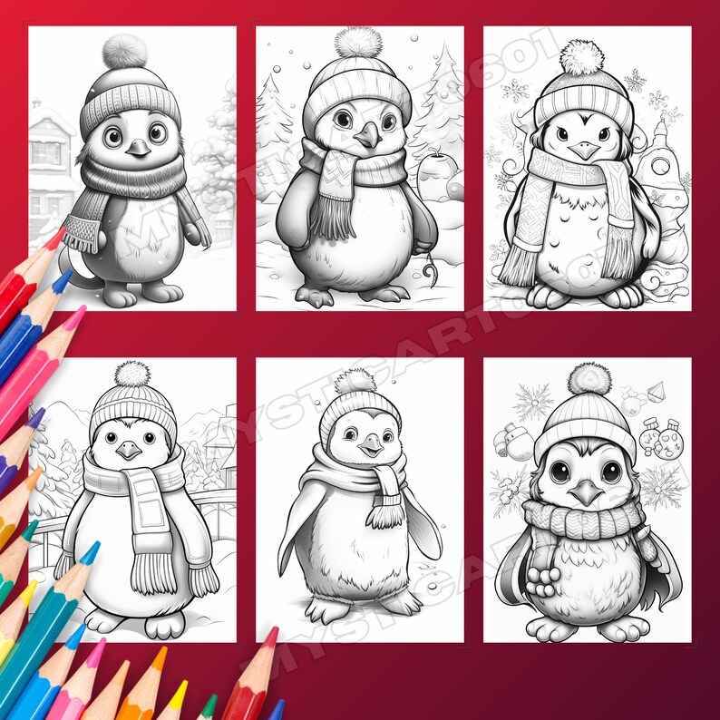 Cute Christmas Penguin Coloring Book, Coloring Featuring Adorable Penguins in Winter Attire for Kids & Adults, Printable PDF