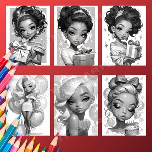 Cute Girl's Birthday Coloring Book - 30 Page Grayscale Coloring Book for Kids and Adults, Instant Download, Printable PDF