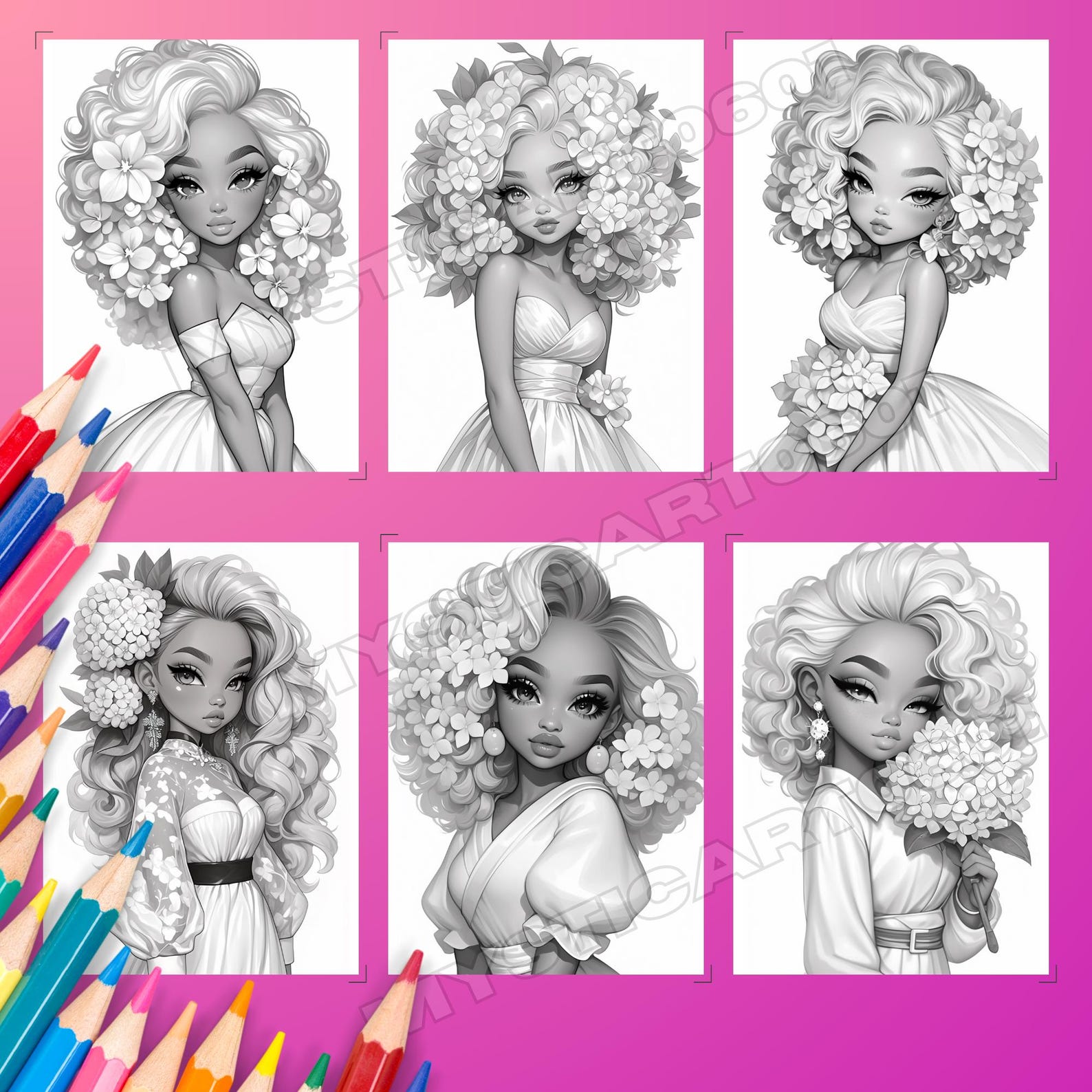 Hydrangea Girl Grayscale Coloring Book – Part 2, 30 Page Printable (PDF ...