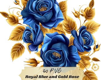 Blue Gold Rose Clipart Watercolor, 50 PNG Floral Wedding Flowers Bundle, Invitation Graphics, Commercial Use Digital Download
