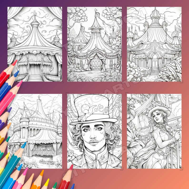 Circus Coloring Book, Artistic Circus Life to Color for Adults, Instant Download, Printable PDF