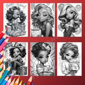 Cute Girl's Birthday Coloring Book - 30 Page Grayscale Coloring Book for Kids and Adults, Instant Download, Printable PDF