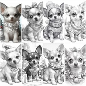 Cute Christmas Chihuahuas Dog Coloring Book - 30 Page Grayscale Coloring Book for Kids and Adults,Instant Download, Printable PDF