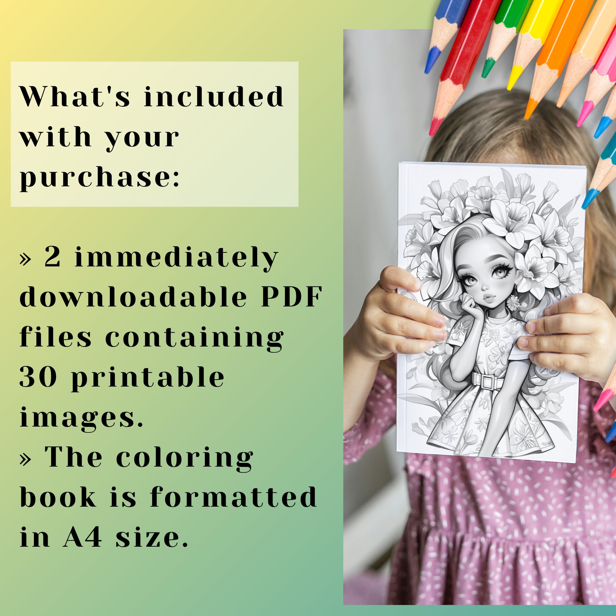 Daffodil Flower Girl Coloring Book – 30 Page Grayscale Art (printable ...