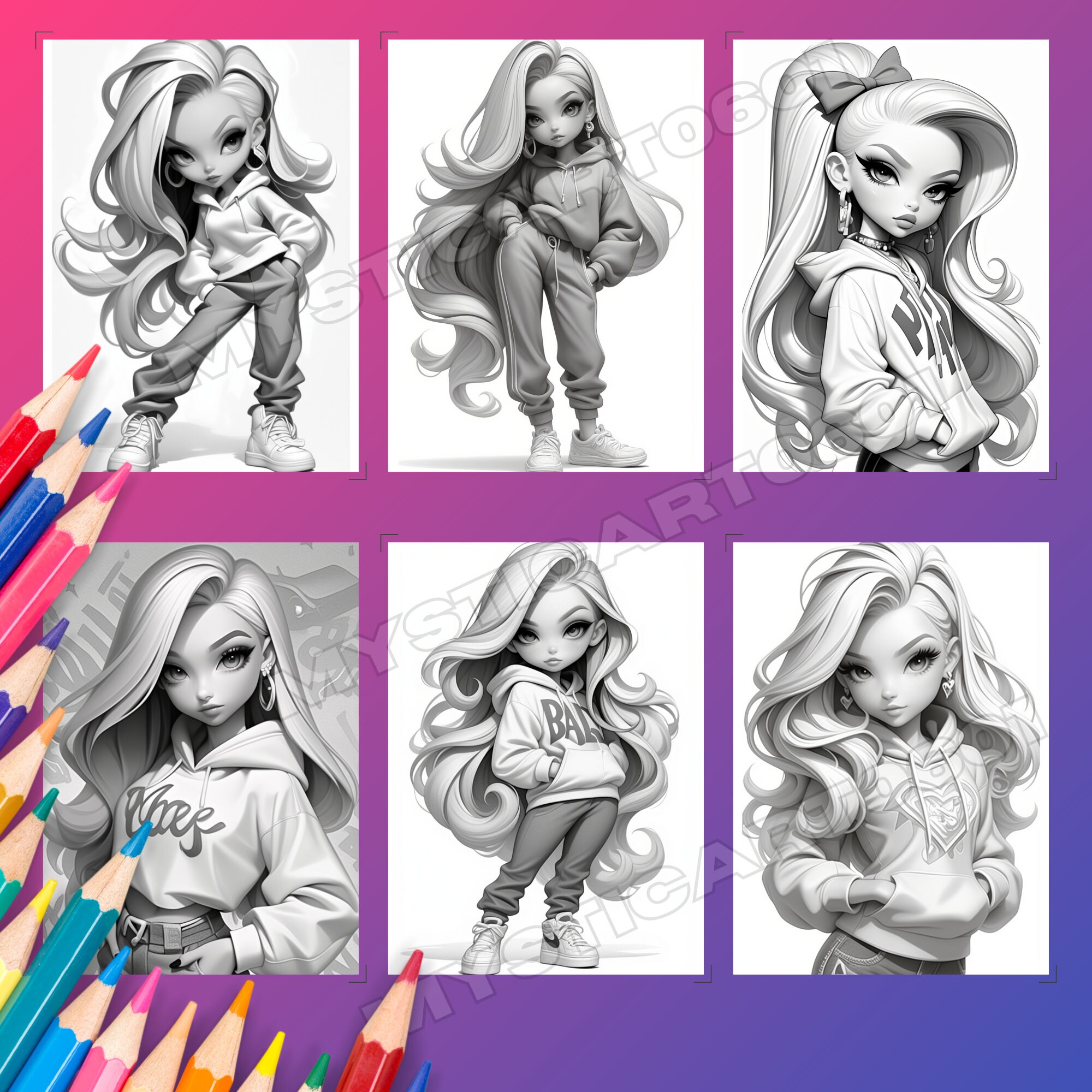 Cute Girls Grayscale Coloring Book – 30 Page Printable (PDF) - Etsy