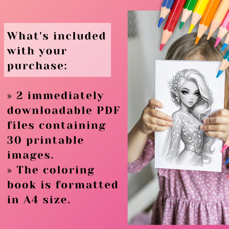 Cute Girl in Evening Dress Coloring Book, Adorable and Beautiful Girl in Evening Dress Grayscale Coloring Book for Kids and Adults, Printable PDF