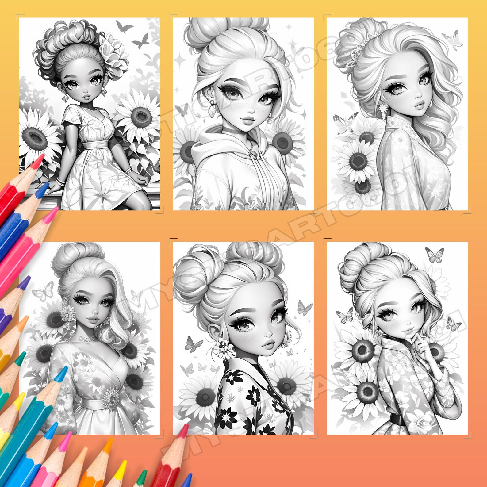 Sunflower Girl Coloring Book for Adults and Teens, 90 Grayscale ...