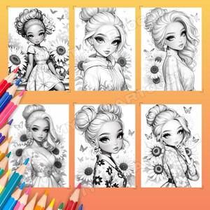 Sunflower coloring, Coloring book, Adult coloring, Girl coloring, Flower coloring, Sunflower girl, Grayscale book, Printable book, Sunflower field, Cute coloring, Flower pages, Sunflower print, Flower book