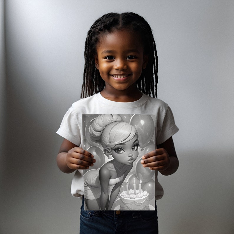 Cute Girl's Birthday Coloring Book - 30 Page Grayscale Coloring Book for Kids and Adults, Instant Download, Printable PDF