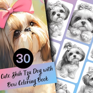Puede incluir: Un libro para colorear con 30 ilustraciones de perros Shih Tzu con lazos. La portada muestra un primer plano de un Shih Tzu con un lazo rosa. El título del libro es "Cute Shih Tzu Dog with Bow Coloring Book".