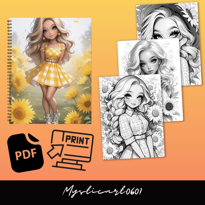 Sunflower Girl Coloring Book - 30 Page Grayscale Art (printable PDF) - Etsy