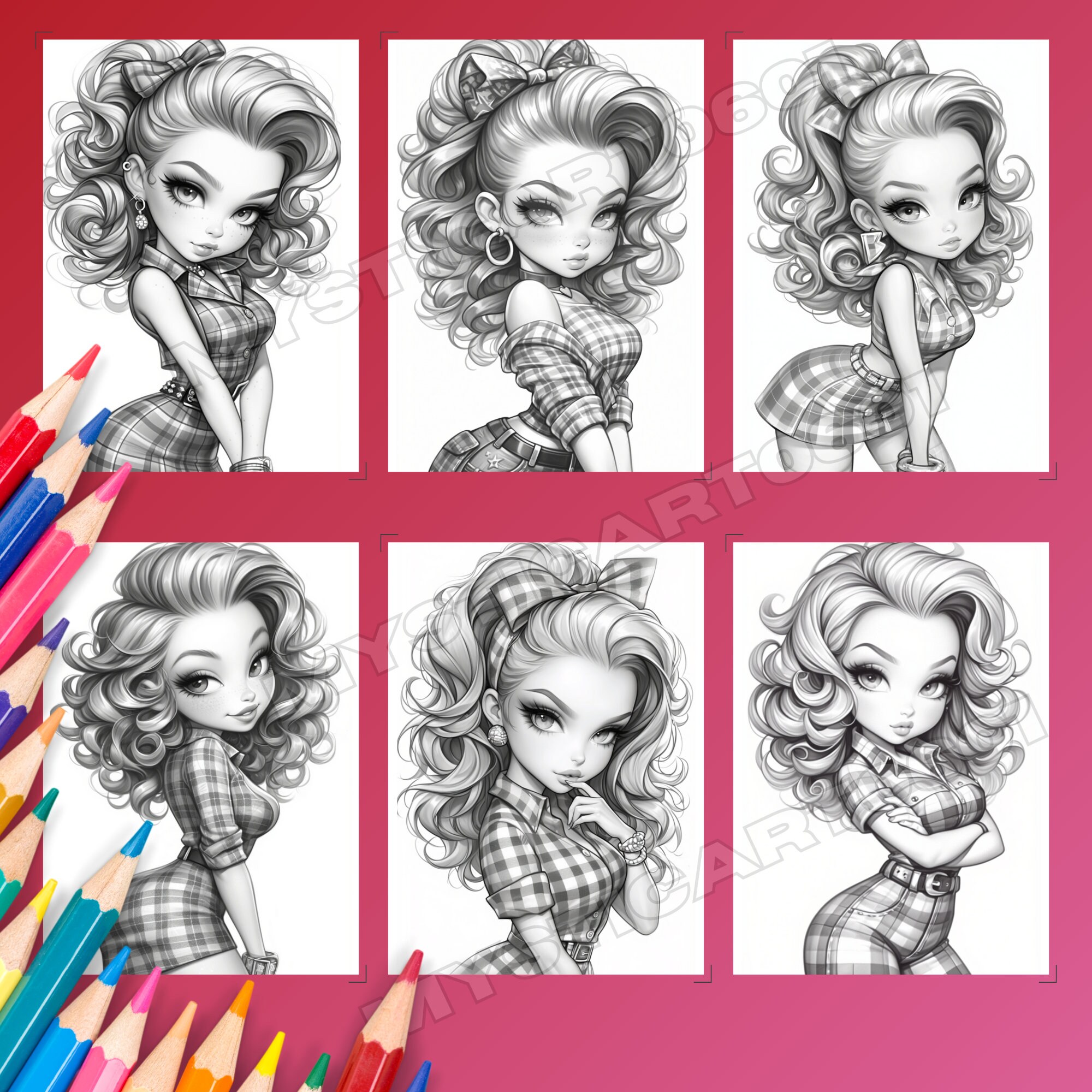 Rockabilly Girl Coloring Book - 30 Page Grayscale Art (printable PDF ...