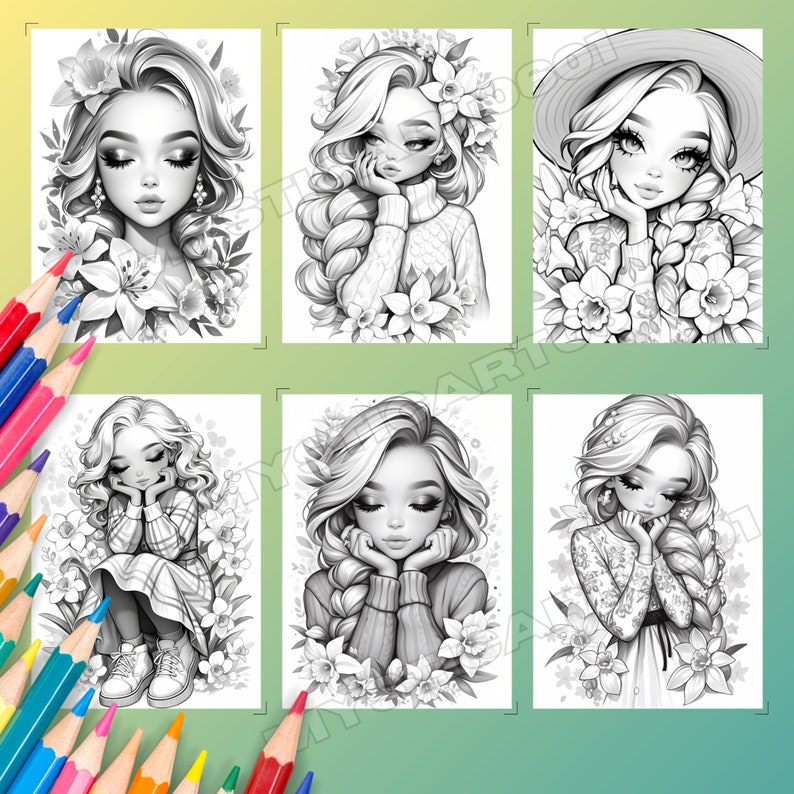 Daffodil Flower Girl Coloring Book for Adults and Teens, 30 Grayscale ...