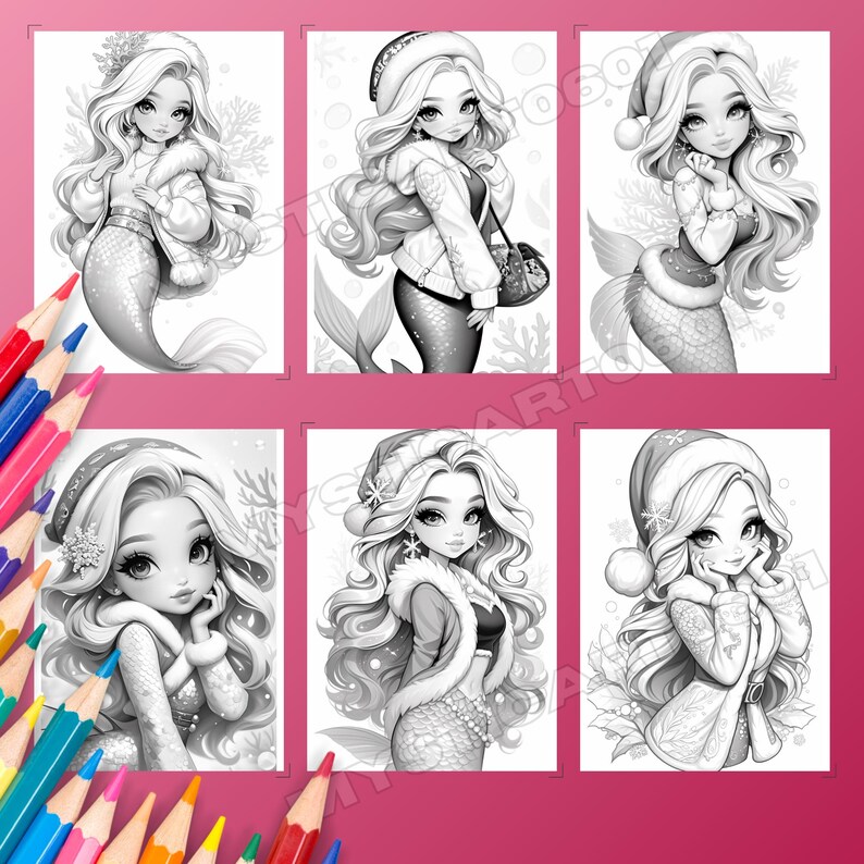 Cute Christmas Mermaid Girl Coloring Book – 30 grayscale coloring pages for kids and adults. This printable PDF is perfect for holiday fun, featuring cute mermaid art, Christmas coloring pages, and grayscale book designs. Enjoy instant download coloring pages that make a great mermaid gift or digital coloring activity. Includes a 30-page book of Xmas mermaid coloring, printable PDF art, and grayscale pages for festive creative fun.