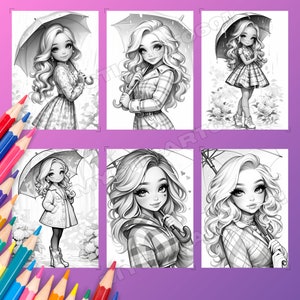 Cute Girl in Spring Rain Coloring Book, Cute Girl in Spring Rain Grayscale Coloring Book for Kids and Adults, Printable PDF