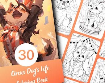 Dibujos para colorear de perros para adultos, libro para colorear de perros de circo en escala de grises, 30 páginas, PDF imprimible