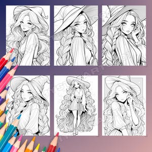 Coloring book, Adult coloring, Girl coloring, Cute coloring, Witch coloring, Grayscale book, Magical girl, Cute Halloween, Witch art, Printable book, Halloween witch, Cozy coloring, Kawaii coloring