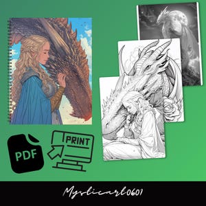 Printable fantasy dragon coloring book pages shown as PDF download, girl and dragon illustrations in color and black and white, instant print digital coloring pages