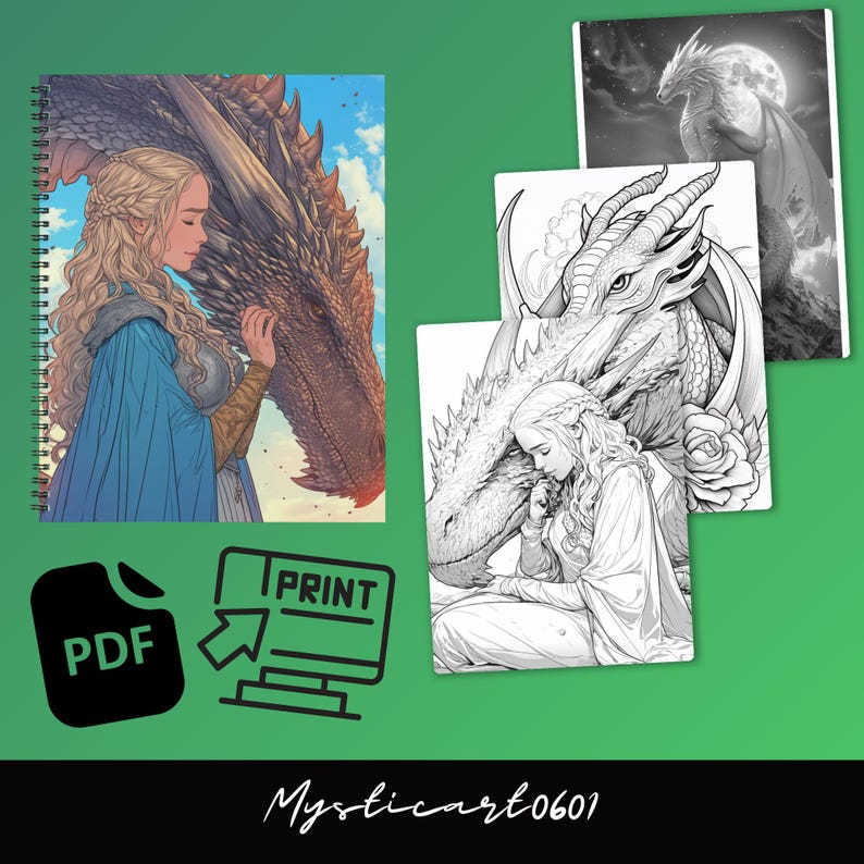 Printable fantasy dragon coloring book pages shown as PDF download, girl and dragon illustrations in color and black and white, instant print digital coloring pages