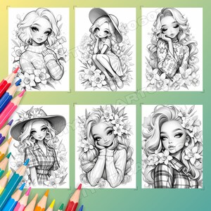 Cute Daffodil Flower Girl Coloring Book - 30 Page Grayscale Coloring ...