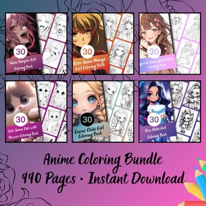 anime coloring book bundle preview showing multiple anime coloring books included, 990 pages instant download digital anime coloring bundle with girls and chibi themes