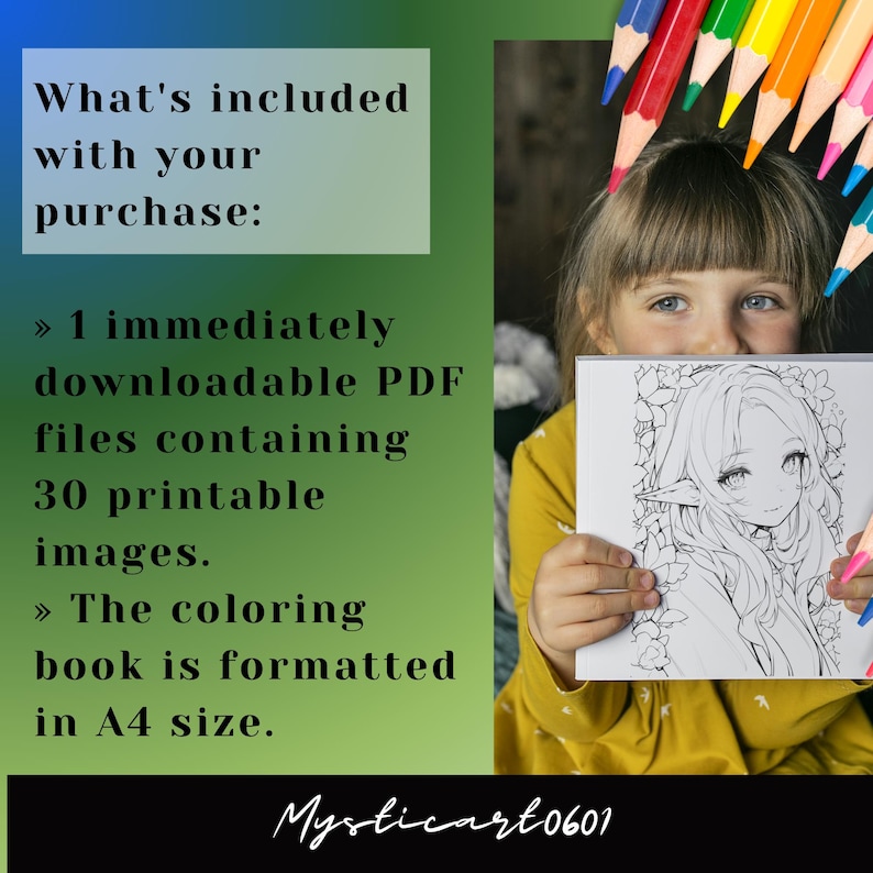 Op de afbeelding: Een kind houdt een kleurboek vast met een illustratie in anime-stijl. De afbeelding bevat tekst waarin staat dat de aankoop een downloadbare PDF bevat met 30 afdrukbare afbeeldingen, geformatteerd in A4-formaat. Gekleurde potloden zijn zichtbaar bovenaan. De winkelnaam is Mysticart0601.
