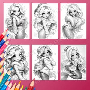 Cute Christmas Mermaid Girl Coloring Book – 30 grayscale coloring pages for kids and adults. This printable PDF is perfect for holiday fun, featuring cute mermaid art, Christmas coloring pages, and grayscale book designs. Enjoy instant download coloring pages that make a great mermaid gift or digital coloring activity. Includes a 30-page book of Xmas mermaid coloring, printable PDF art, and grayscale pages for festive creative fun.