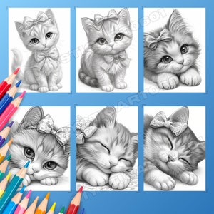 Cute Cat with Bow Coloring Book - 30 Page Grayscale Coloring Book for Kids and Adults, Instant Download, Printable PDF