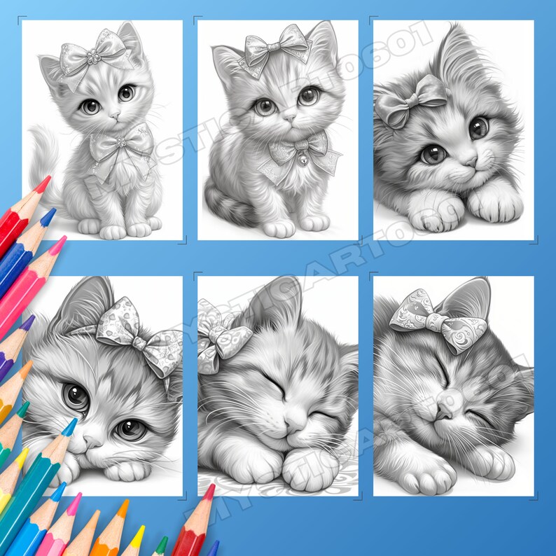 Cute Cat with Bow Coloring Book - 30 Page Grayscale Coloring Book for Kids and Adults, Instant Download, Printable PDF