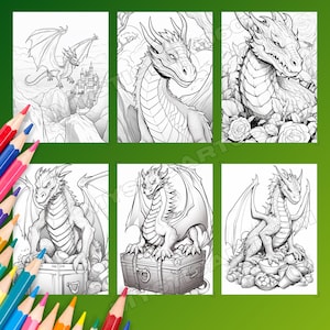This grayscale Dragon Coloring Book features 30 detailed pages for kids and adults to enjoy. Delivered as an instantly downloadable printable coloring PDF, it is ideal for fantasy coloring lovers, especially fans of House of the Dragon and Dungeons and Dragons. Perfect for adults dragon fans and kids dragon pages alike, it includes dragon art, DND coloring themes, fantasy dragon art, mythical creatures, and offers a relaxing detailed coloring experience. This dragon coloring PDF.