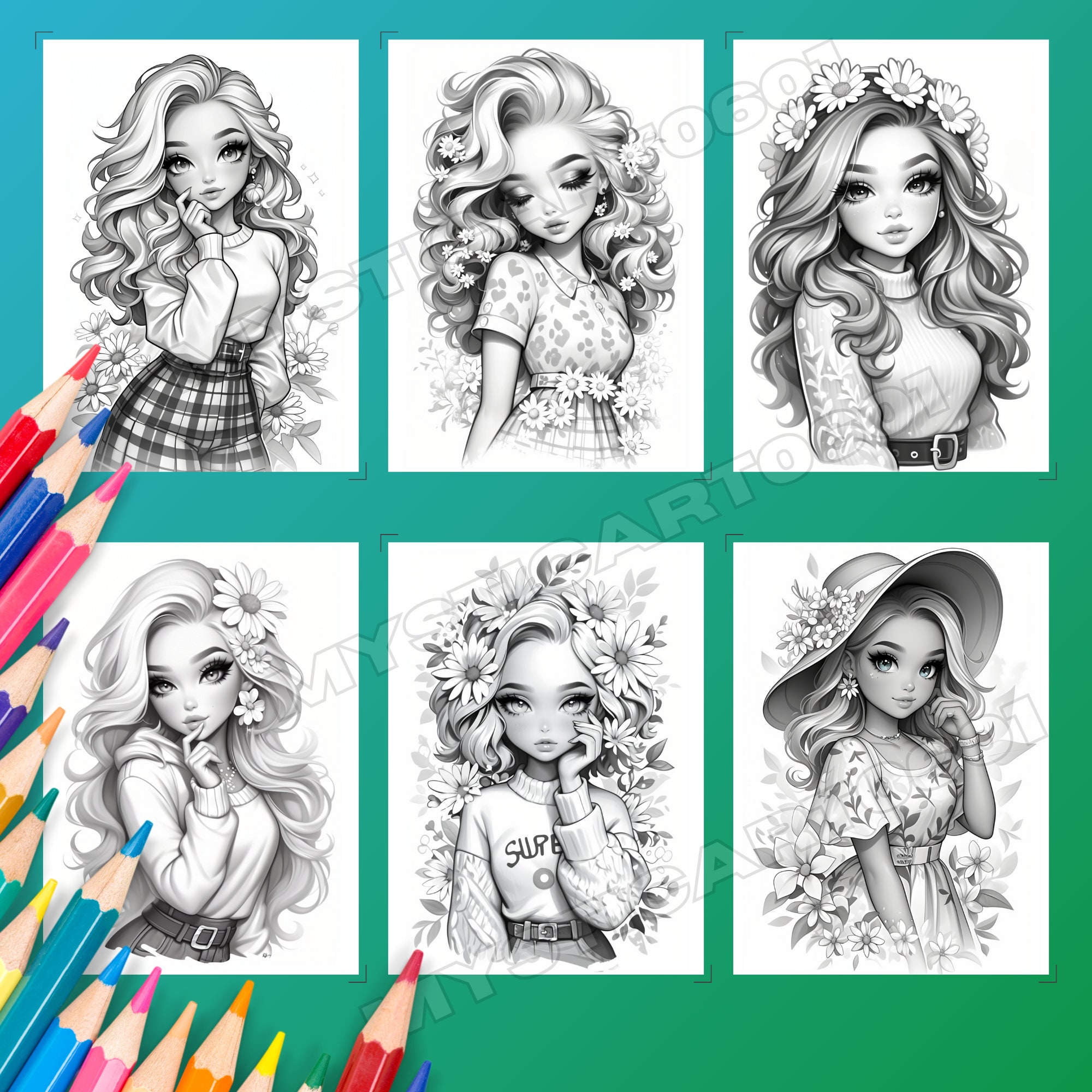 Daisy Flower Girl Grayscale Coloring Book – 30 Page Printable (PDF) - Etsy
