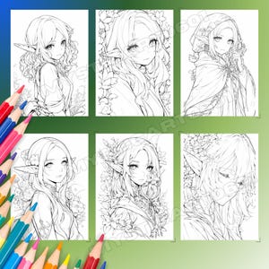 Op de afbeelding: Zes zwart-wit illustraties van elfenvrouwen in anime-stijl met lang haar, puntige oren en bloemmotieven. Elk portret is een kleurplaat, ideaal voor creatieve expressie. Kleurpotloden staan op de voorgrond.