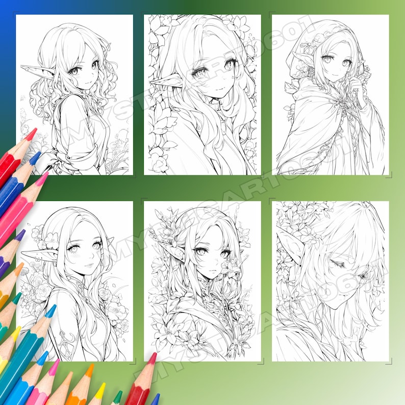 Op de afbeelding: Zes zwart-wit illustraties van elfenvrouwen in anime-stijl met lang haar, puntige oren en bloemmotieven. Elk portret is een kleurplaat, ideaal voor creatieve expressie. Kleurpotloden staan op de voorgrond.