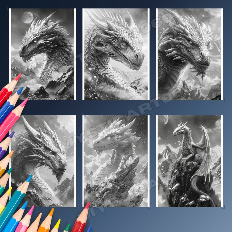 May include: Six black and white illustrations of dragons in various poses. The dragons are depicted in a fantasy setting with mountains and clouds in the background.