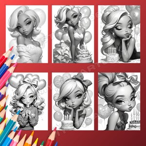 Cute Girl's Birthday Coloring Book - 30 Page Grayscale Coloring Book for Kids and Adults, Instant Download, Printable PDF