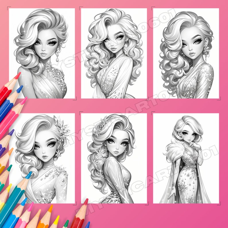 Cute Girl in Evening Dress Coloring Book, Adorable and Beautiful Girl in Evening Dress Grayscale Coloring Book for Kids and Adults, Printable PDF
