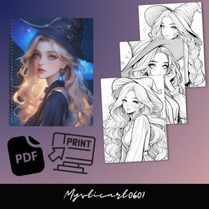 Coloring book, Adult coloring, Girl coloring, Cute coloring, Witch coloring, Grayscale book, Magical girl, Cute Halloween, Witch art, Printable book, Halloween witch, Cozy coloring, Kawaii coloring